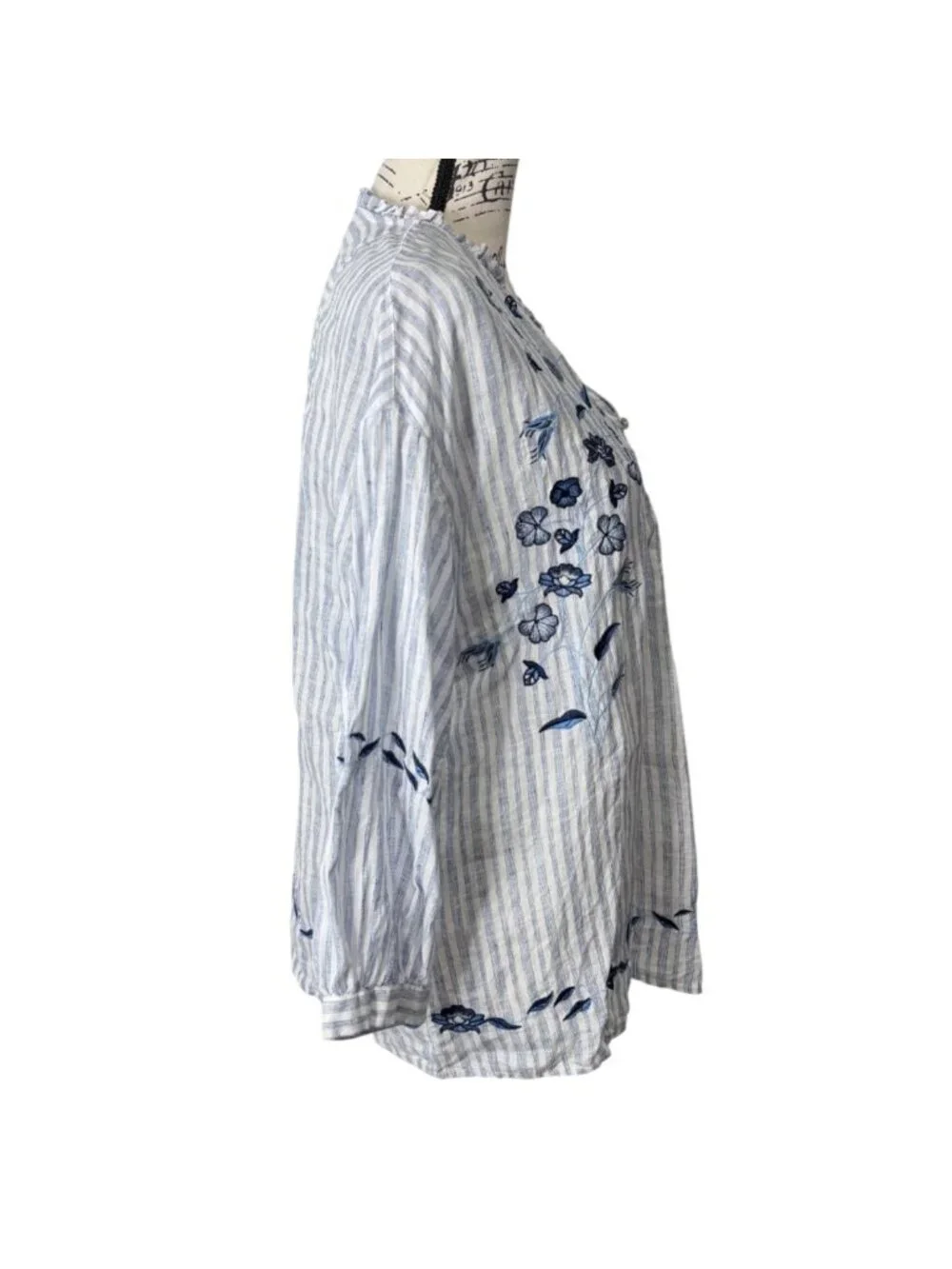 J. Jill Love Linen Womens Size S Linen Top Embroidered Tunic Blue White Stripe - Picture 2 of 8